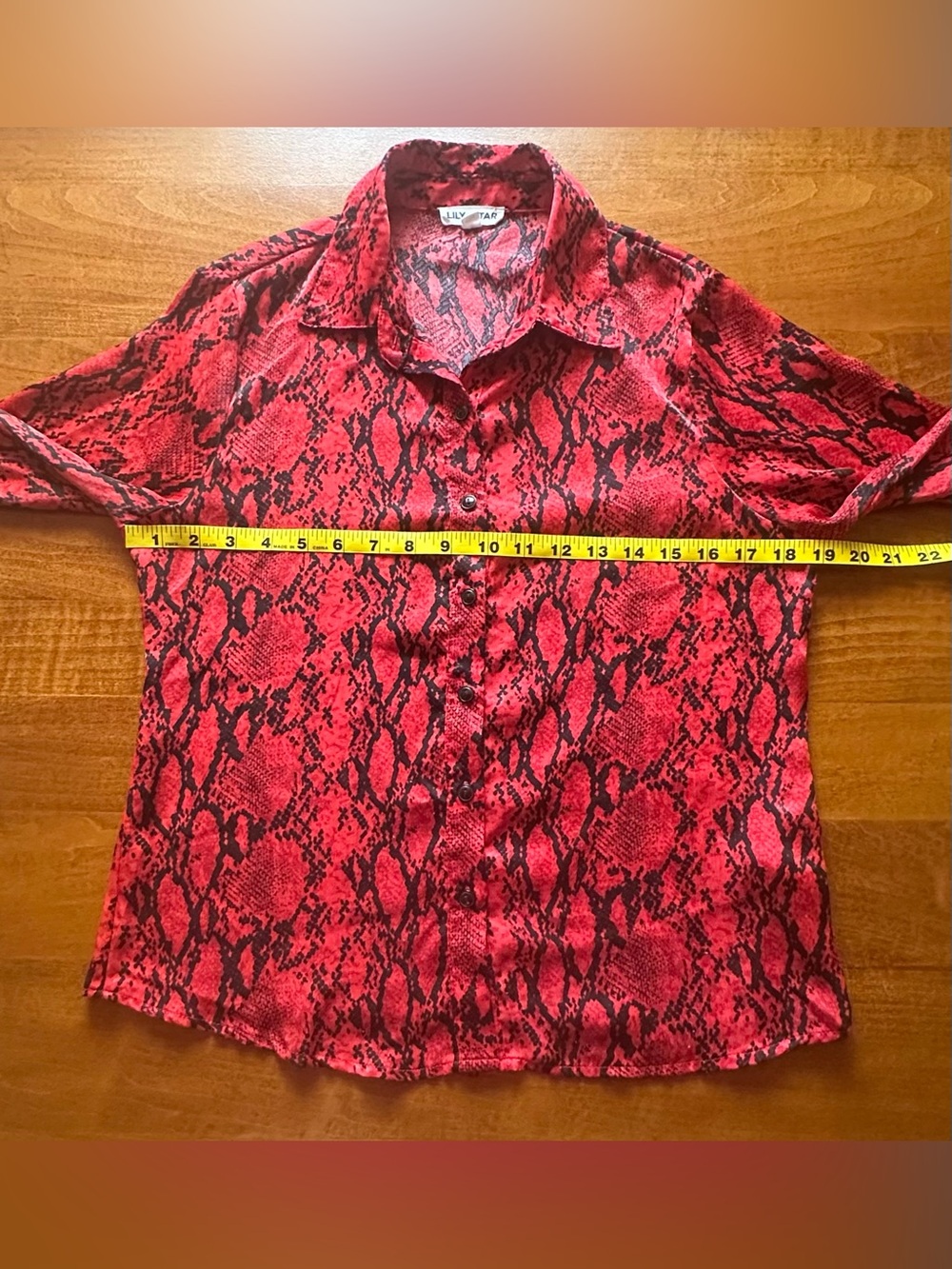 Lily Star•snake print long-sleeve button-down blouse•small•polyester•red & black - Picture 8 of 16
